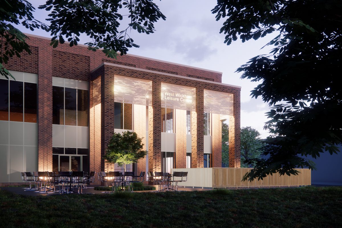 Architect’s visualisation of the new West Wickham Leisure Centre at dusk